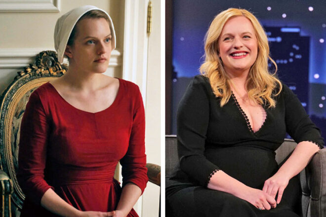 Actress Elisabeth Moss in tv show The Handmaid's Tale and on late night talk show Jimmy Kimmel Live!