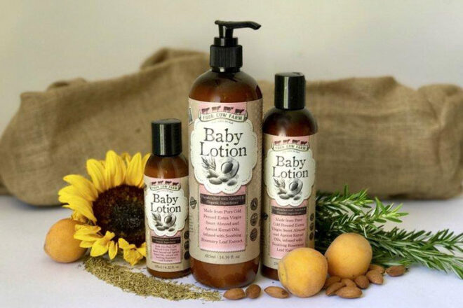 Four Cow Farm baby lotion in three different sizes
