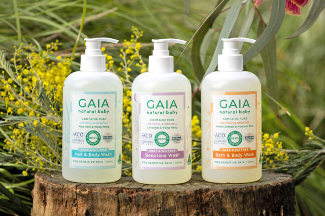 Three pump top bottles containing Hair, Body and Sleepy Time wash products from GAIA Baby skin care