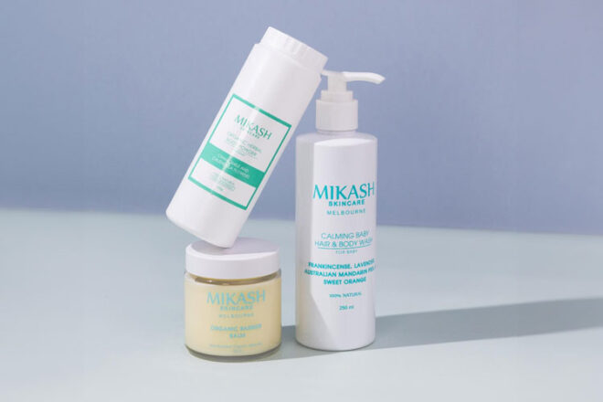 Three baby skin care products from Mikash Skincare - Herbal Baby Powder, Hair and Body Wash and Barrier Balm