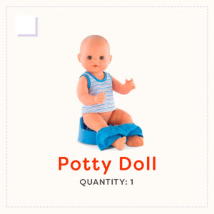 Doll sitting on a blue toy potty