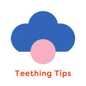 Illustration of blue flower with the words ' teething tips'