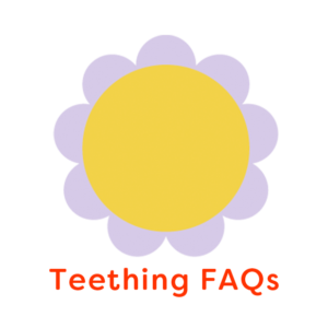 Illustration of yellow and lavender flower with words 'Teething FAQ's' linking to category