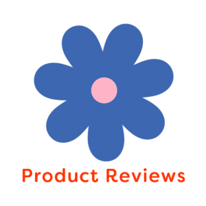 Illustration of blue flower with words 'product reviews'