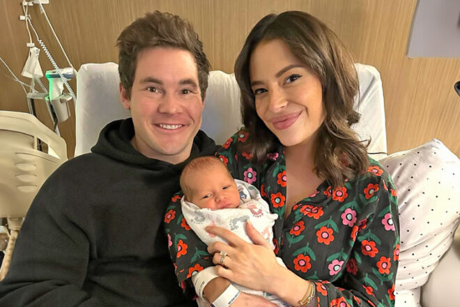 Actors Adam Devine and Chloe Bridges with their newborn baby boy Beau