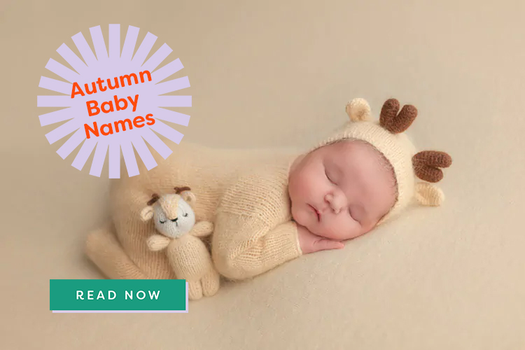 Baby sleeping with farm ears. Autumn Baby Names in callout linking to article
