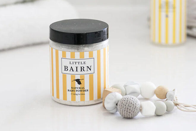 Jar of Little Bairn talc-free natural baby powder