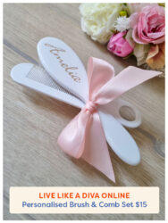 Personalised White Baby Brush and Comb Set from Live Like A Diva Online tied in a pink satin bow