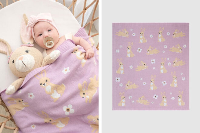 A baby laying in a crib covered in the Living Textiles Bunny Baby Blanket with a flatlay of the whole blanket