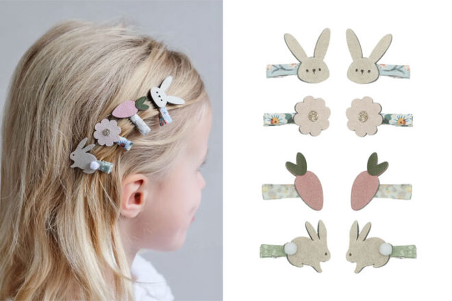 A little girl wearing the Mimi & Lula Easter Hair Clips in her hair