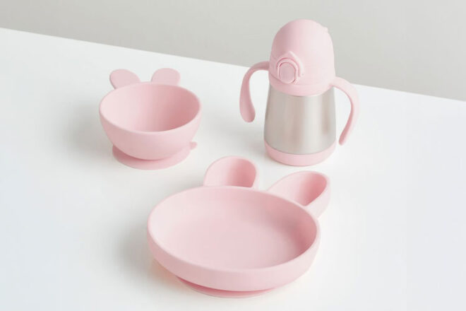 The Pottery Barn Kids Silicone Bowls in pink bunny