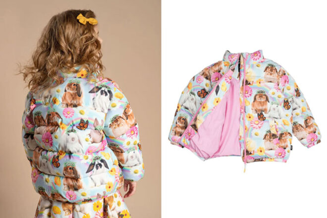 A young girl wearing the Rock Your Baby Easter Parade Puffer Jacket
