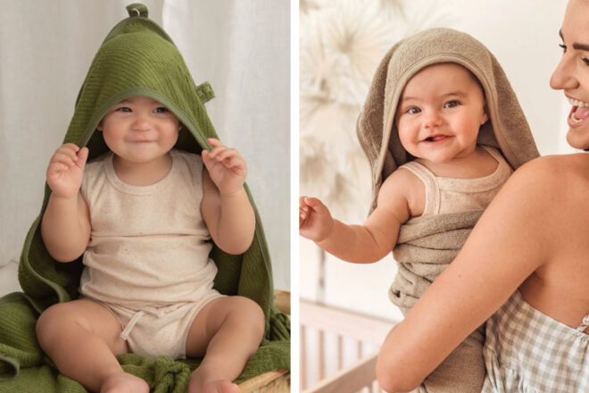 Two babies wearing the Susukoshi Baby Hooded Towels
