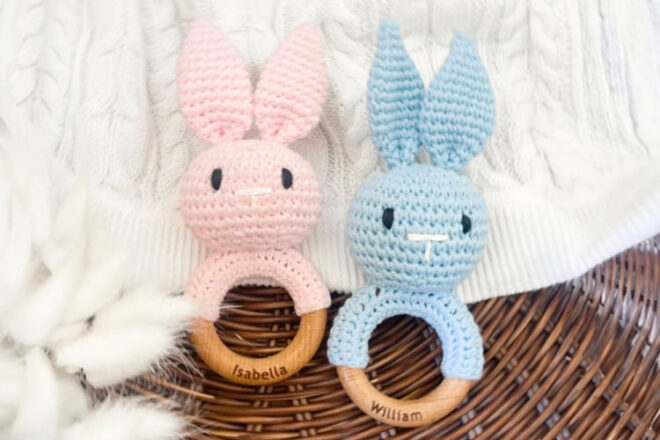 Two of the Personalised Bunny Rattles from The Name Co