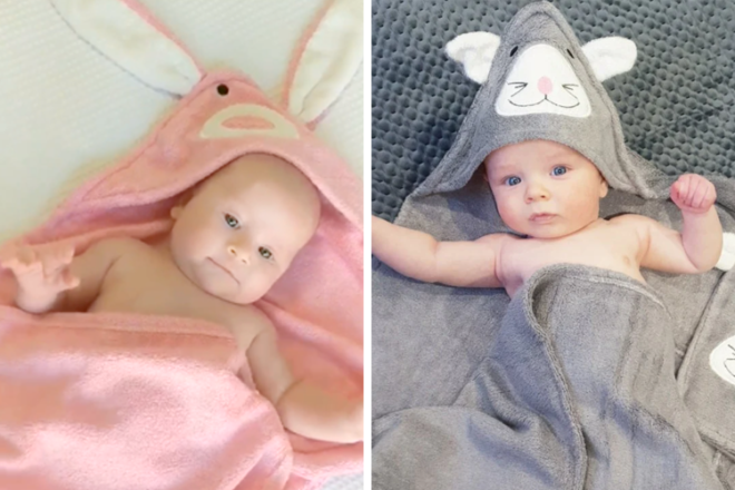 Zoe Sage hooded towels in pink bunny and grey mouse designs