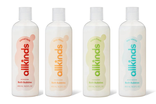 four bottles of Allkinds bubble bath flavours
