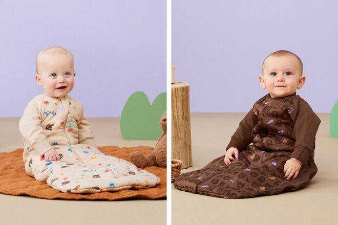 Two babies wearing ergoPouch Jersey Sleep Bags from the Teddy Bear collection