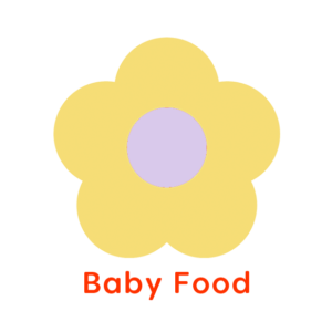 Illustration fo green and lavender flower with words 'baby food' linking to category