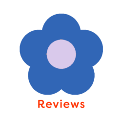 Illustration of blue flower with word 'reviews'