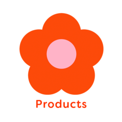Illustration of tangerine and pink flower with words 'product'