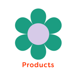 Illustration of green and lavender flower with words products