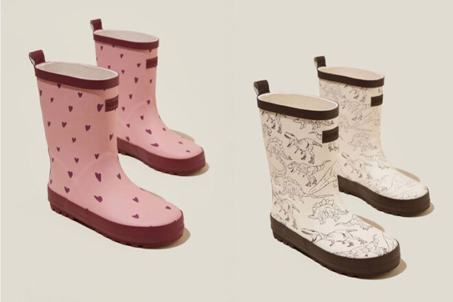 Two pairs of Cotton On Kids Rainboots in Petty Blue & Dusty Blue and Hot Choccy & Rainy Day