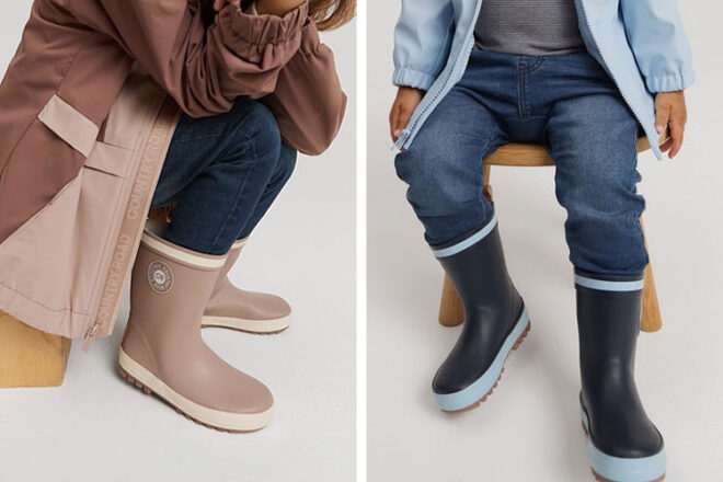 Two young kids wearing the Country Road Classic Gumboots in Mushroom and Navy