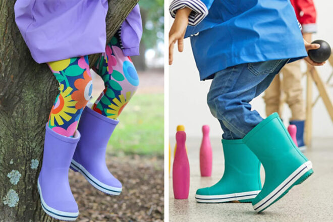 Two young children wearing French Soda Kids Gumboots in purple and sea green