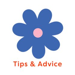 Illustration of blue and pink flower with words Tips & Advice