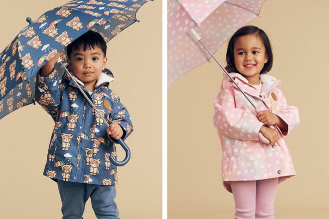 Two children holding umbrellas wearing Huxbaby Raincoats in Rain Bear and Bunny