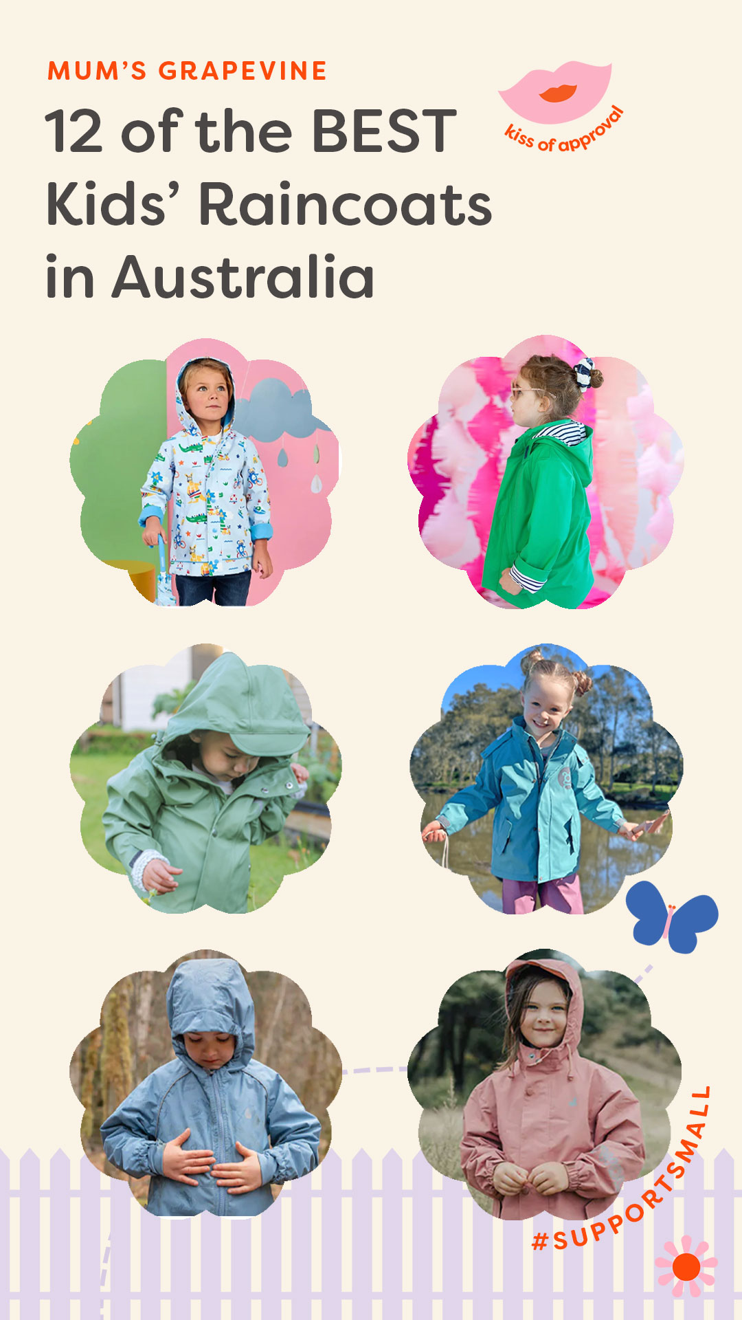 Six children showing off six different Australian Kids Raincoat brands 