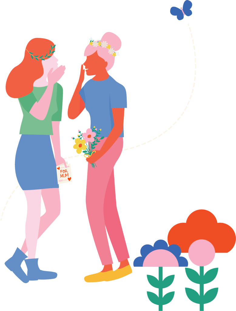 Illustration of Jen and Em with flower headbands for Mother's Day