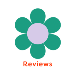 Illustration of green and lavender flower with words reviews