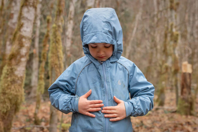 A little boy wearing the Therm SplashMagic Raincoat