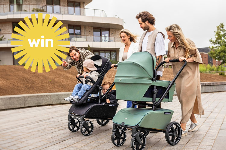 Four parents walking with their children in the Jiffle Wagon 6-in-1 Strollers in Pine and Black with a sun graphic with the word win in the middle