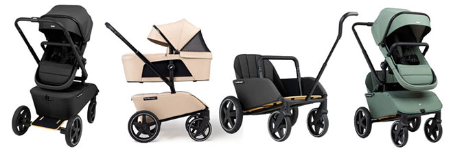 The Jiffle Wagon 6-in-1 Strollers showing the different configurations and colours that are available