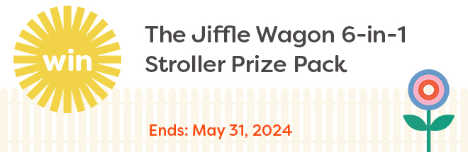 Illustration of a sun with win and text win The Jiffle Wagon 6-in-1 Stroller Prize Pack