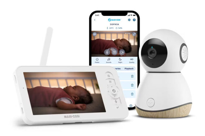 Maxi cosi See Pro baby monitor showing monitor, hand unit and phone screen