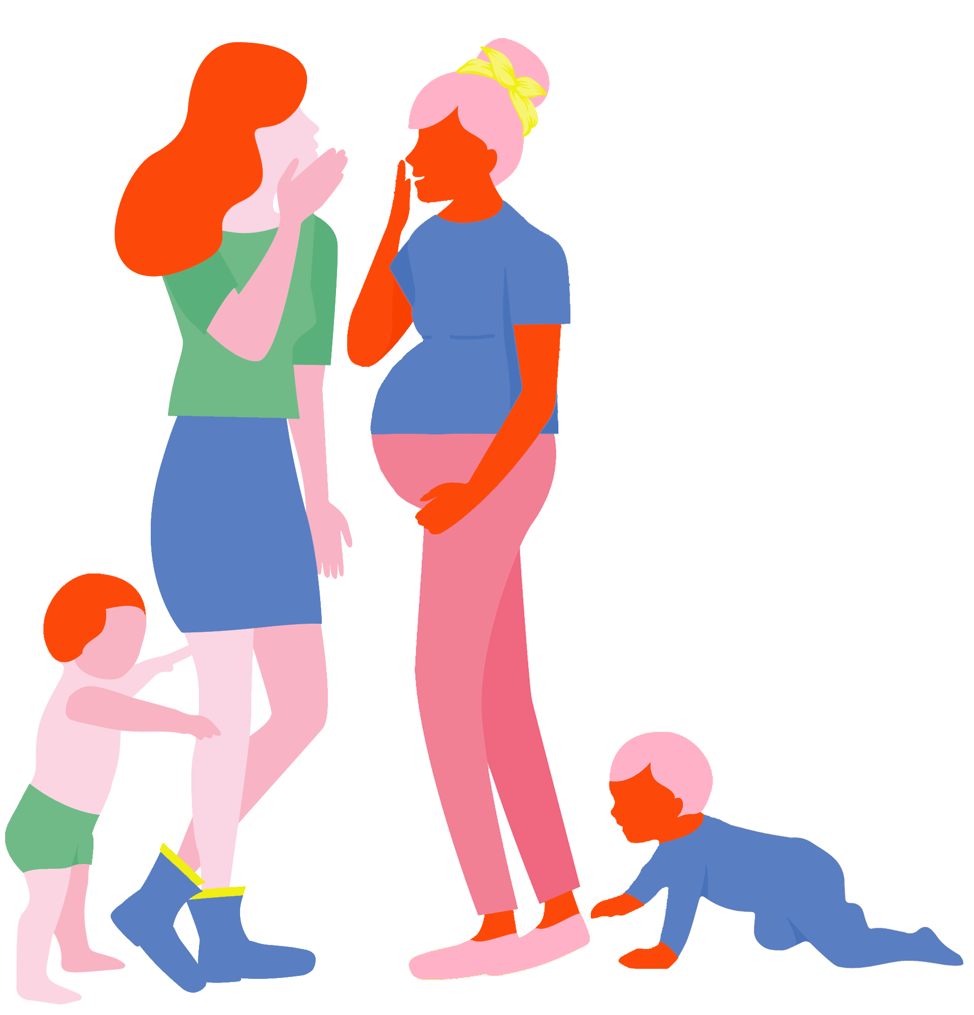 An illustration of two women, one pregnant and one holding a baby, talking together while a toddler and a crawling infant play nearby.