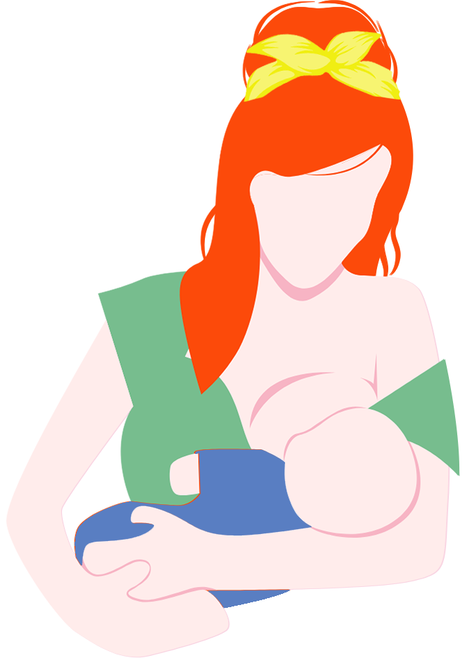 An illustration of a mother with orange hair wearing a green sling while breastfeeding her baby.