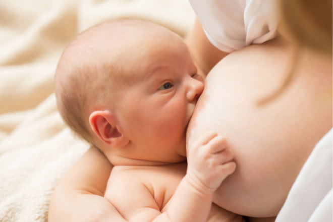 Newborn baby breastfeeding in the first days as milk comes in
