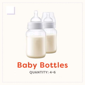 Two glass baby bottles filled with milk.