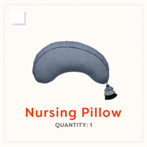 A C-shaped blue fabric nursing support pillow with a tassel.