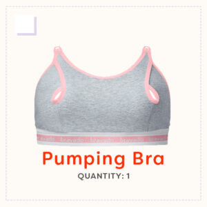 A grey and pink hands-free pumping bra with front openings.