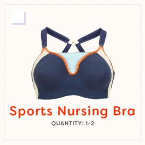 A navy blue and orange supportive sports nursing bra.