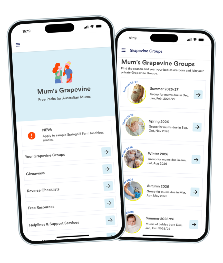 Iphone mockup of Mum's Grapevine noticeboard app