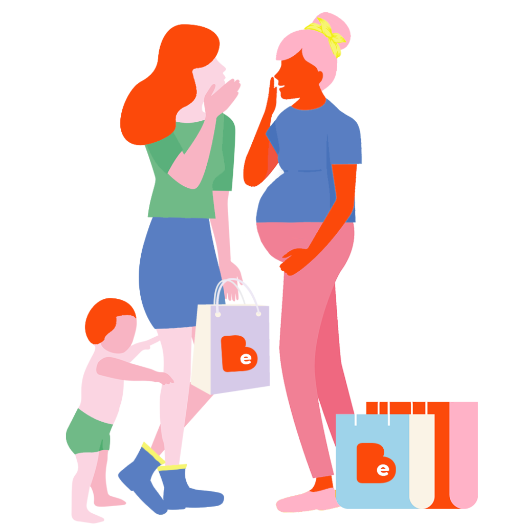 Illustration of two girls talking with a toddler and shopping bags