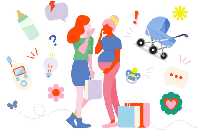 illustration two girls surrounded by confusing baby shopping