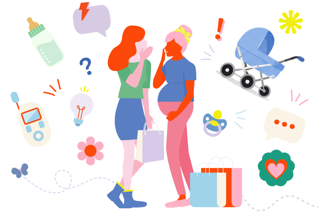 Illustration of two overwhelmed mums surrounded by confusing baby products and shopping choices