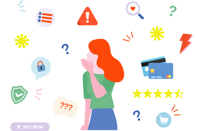 illustration of one girl surrounded by ecommerce icons and symbols